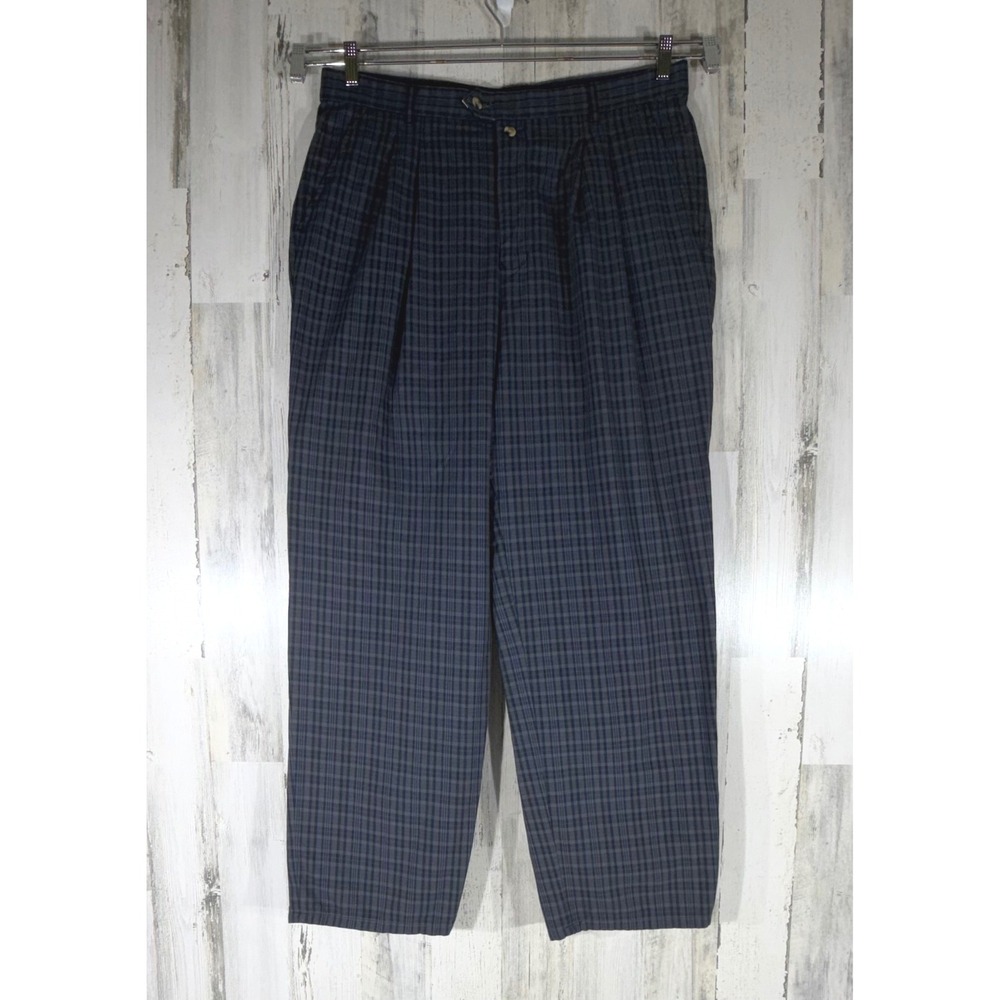 Tommy Hilfiger Plaid Pleated Trousers 38 (fits 36x32) Blue Gray Vintage Baggy